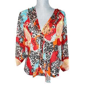 Speed Limit NYC Orange Print Beaded Sheer Top - Size L